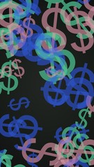 Multicolored translucent dollar signs on dark background. Green tones. 3D illustration
