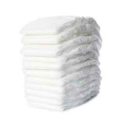 Stack of baby diapers isolated on white