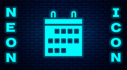 Glowing neon Calendar icon isolated on brick wall background. Event reminder symbol.  Vector Illustration