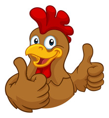 A chicken cartoon rooster cockerel character mascot giving a thumbs up.