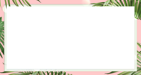 Fototapeta na wymiar Website banner with pink background, euclidean and palm leaves border