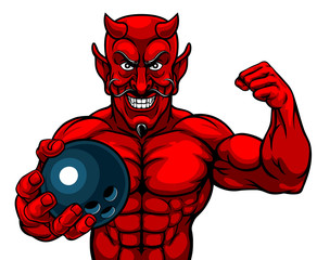 A devil Satan ten pin bowling sports mascot cartoon character man holding a ball