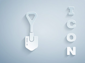 Paper cut Shovel icon isolated on grey background. Gardening tool. Tool for horticulture, agriculture, farming. Paper art style. Vector Illustration