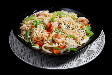 Japanese noodles yakisoba with shrimp