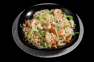 Japanese noodles yakisoba with shrimp.