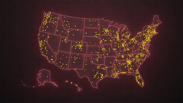 Map of the spread of the COVID-19 virus in the United States. Rapid growth of cases of the coronavirus virus. Red map of America with the appearance of yellow flashing dots in the States.