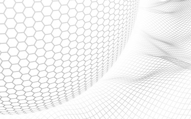 Abstract landscape on a white background with white honeycomb sphere. Cyberspace grid. hi tech network. 3d illustration