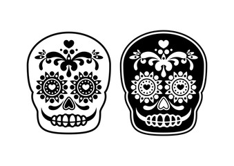 Mexican sugar skull outline icon vector. Mexican attributes vector. Mexican skull outline vector. Mexican decorative skull icon set isolated on a white background. Calavera black and white icon