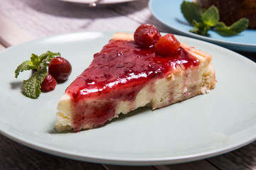 Cheese cake with jam.
