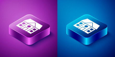 Isometric House icon isolated on blue and purple background. Home symbol. Square button. Vector Illustration