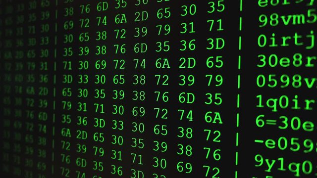 Program HEX code on scientific device screen, green text ASCI information, 4K UHD video