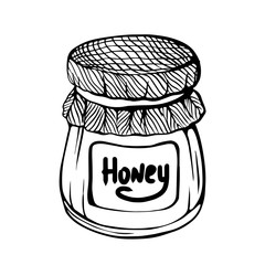 A jar of honey, isolated on a white background. Bee honey. Strengthening the immune system. Hand-drawn vector illustration in the Doodle style.