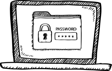 Cartoon style black and white doodle of notebook with file protected by password on screen.