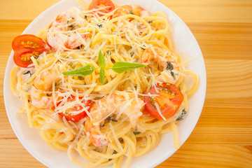 delicious Spaghetti pasta with prawns on  plate