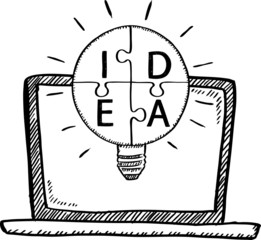 Cartoon style black and white doodle of notebook with puzzle idea bulb