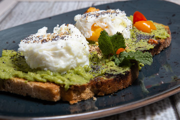 Toast with avocado and egg.