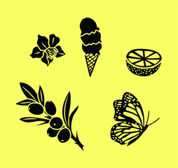 Set of vector summer silhouettes - flower, ice cream, butterfly, lemon, olive branch.