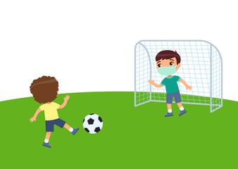 Two little boys with medical masks playing soccer. Virus protection, allergies consept. Children on the football field. Flat vector illustration, cartoon character. Sport and recreation