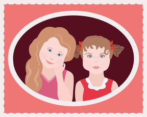 Cute greeting card with two little girls sisters. Family portrait with children. International Children's Day
