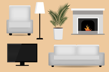 Set of furniture for interior design. Armchair, sofa, tv, floor lamp, fireplace and flower isolated on a beige background