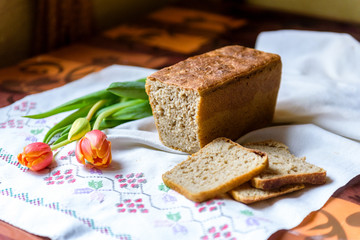 homemade rye-wheat bread with flowers