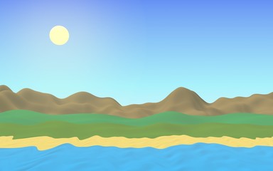 Sun Sea Beach. Noon. Ocean shore line with waves on a beach. Island beach paradise with waves. Vacation, summer, relaxation. Seascape, seashore. Minimalist landscape, primitivism. 3D illustration