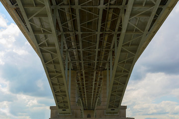 Detail of old rusty railroad bridge with rivets against the sky.