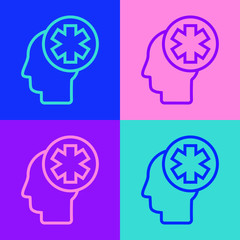 Pop art line Male head with hospital icon isolated on color background. Head with mental health, healthcare and medical sign.  Vector Illustration