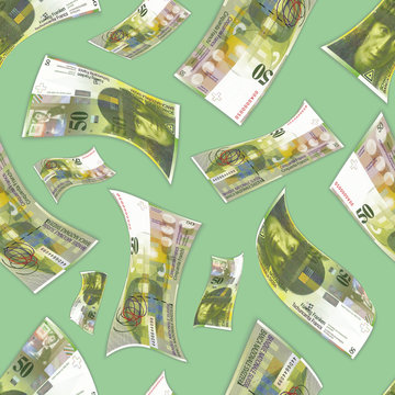Illustration seamless pattern. Swiss paper money gradually withdrawn from circulation. Curved and deformed 50 francs of Switzerland