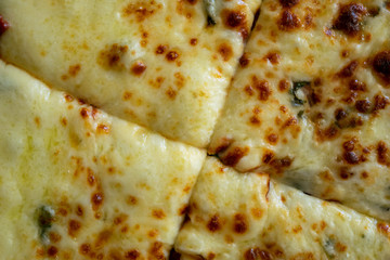 Closeup of sliced pizza surface. Homemade vegetarian pizza with tomatoes and mozzarella cheese.