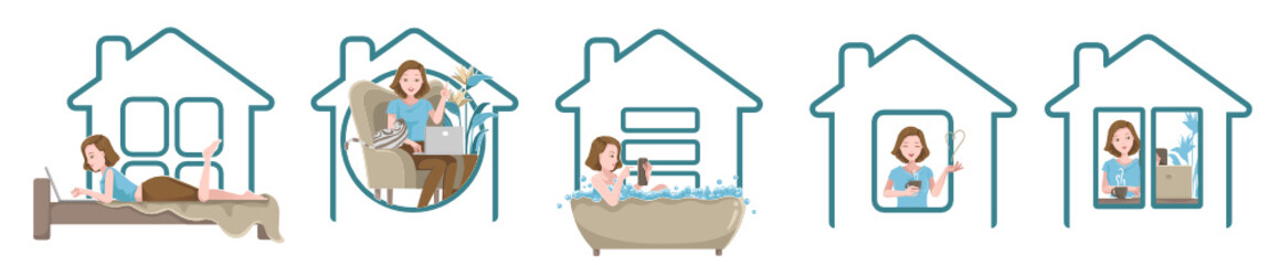 Work from home set. Women working at home set. Concept for stay at home. House simple symbols. Vector Illustration. 