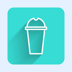 White line Milkshake icon isolated with long shadow. Plastic cup with lid and straw. Green square button. Vector Illustration
