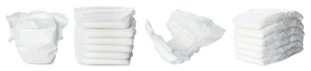 Set of baby diapers on white background. Banner design - obrazy, fototapety, plakaty