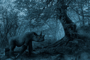 futuristic scene of a rhino gorilla in a forest