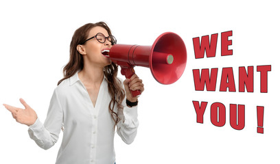 Young woman with megaphone and phrase WE WANT YOU on white background. Career promotion