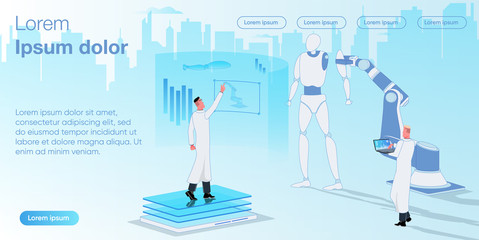 Scientists are working on a robot. The robotic arm attaches the arm to the robot. Conduct experiments. Medicine and genetics vector concept illustration.