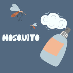 Repellent spray in the bottle. Protection from the mosquito and other insect. Aerosol for bug bite prevention. Vector illustration in cartoon style