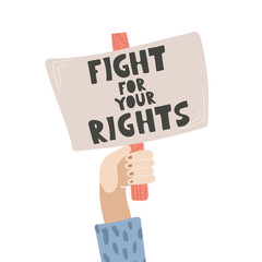 Naklejka na ściany i meble rm fist holding banner with protest caption. Fight for your rights. Cartoon flat vector illustration.