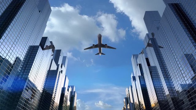 3d rendering airplane flying above high rise building