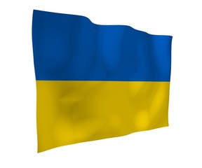 The flag of Ukraine on a white background. National flag and state ensign. Blue and yellow bicolour. 3D illustration waving flag
