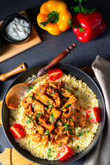 rustic bulgur pans with gratinated gyros and yoghurt