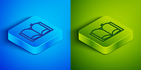 Isometric line Open book icon isolated on blue and green background. Square button. Vector Illustration