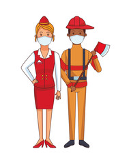 firefighter and receptionist using face masks