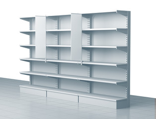 
Empty shelves in the supermarket.Shelves with many goods in perspective. 3D rendering