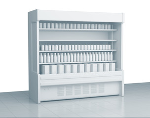 
Empty shelves in the supermarket.Shelves with many goods in perspective. 3D rendering