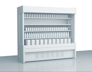  Empty shelves in the supermarket.Shelves with many goods in perspective. 3D rendering © melnikdesign