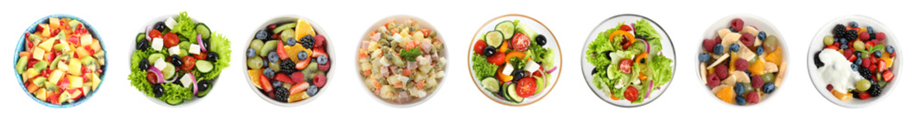 Set with different salads on white background, top view. Banner design