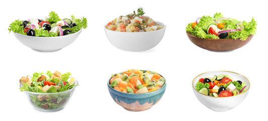 Set with different salads on white background. Banner design