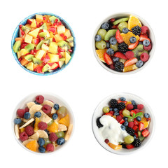 Set with different salads on white background, top view