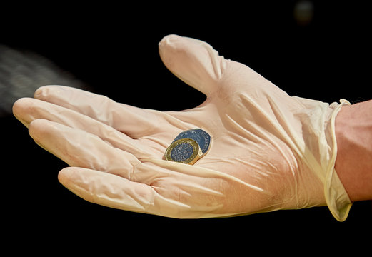 Person holding coins whilst wearing medical disposable gloves aslo known as PPE